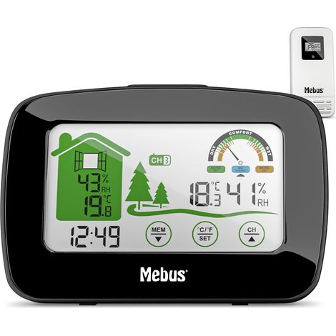 MEBUS funkgesteuerte Wetterstation mit Außensensor, Thermometer/Hygrometer (innen/außen), Wohlfühlindikator bewertet Raumklima, Min-/Max-Funktion, Displaybeleuchtung, Farbe: Schwarz, Modell: 40902