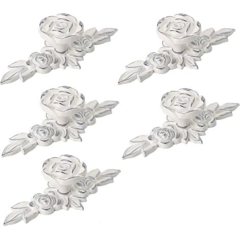 Lntyq Lot de 5 boutons de placard décoratifs Euro Rose avec plaque, boutons de tiroir ivoire floral, boutons de porte de placard, poignées de tiroir blanc ivoire (1/5)