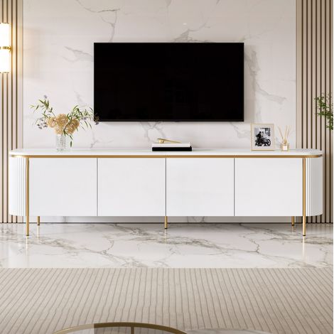 Meuble TV 180 cm blanc en MDF et métal, 6 portes sans poignées, rangement fermé avec passe-câbles, côtés rainurés et extrémités arrondies pour un salon moderne – CHICFURN (1/5)