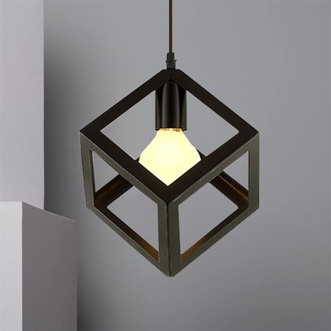– Lustre suspension cube en métal noir – Style industriel – Diamètre 22 cm, hauteur 18 cm – Câble réglable 100 cm – Compatible E27 (1/4)