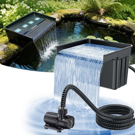 POPOSOAP Teichwasserfall W450 mit 42W DC-Pumpe 4600 l/h, 43 cm Überlauf, 3m Schlauch und Filtermedien für Gartenteich