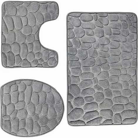 Lot de 3 tapis de bain antidérapants en relief imitation pavés pour salle de bain, avec couvercle de toilette, gris, idéal pour les hôtels.