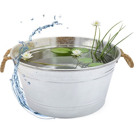 Zierteich Zinkwanne 25 L mit Griffen aus Jutekordel - 45 x 22 cm - Metall Blumenschale rund silber verzinkt