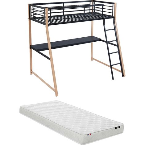 Lit mezzanine MALICIA - 90 x 190 cm - bureau intégré - Noir et chêne + matelas