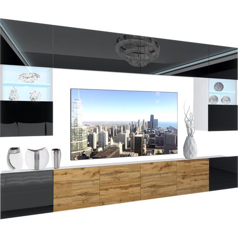 BELINI - Unité Murale TV NEX I Ensemble Muebles de Salon Complet I Ensemble Meuble TV avec Illumination LED I Dimensions: 300 x 180 x 36 cm I Coleur: Noir très Brillant/chêne wotan 3