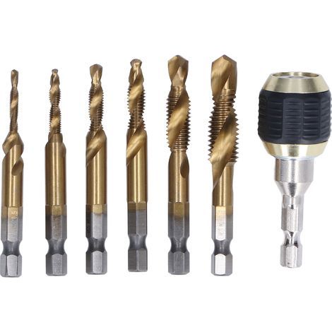 Lot de 7 forets tarauds hélicoïdaux en acier rapide HSS, queue hexagonale 1/4in, pour taraudage, revêtement titane, embouts de perçage et visserie (1/5)