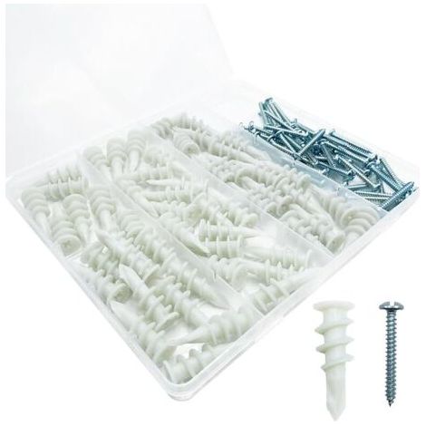 Pair Lot de 100 chevilles autoperceuses pour cloison sèche avec kit de vis, y compris 50 chevilles et 50 vis 8 x 3,8 cm – Peut supporter jusqu'à 34 kg (1/5)