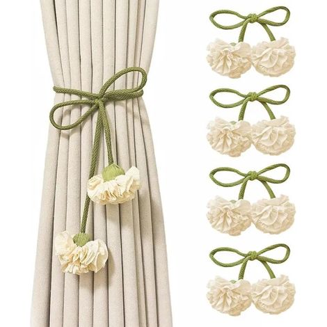 4 Pièces Attache Rideau Corde, Fleur Embrasse pour Rideaux, Oeillet Bohème, Décoration Maison & Bureau (Vert, Beige) (1/5)