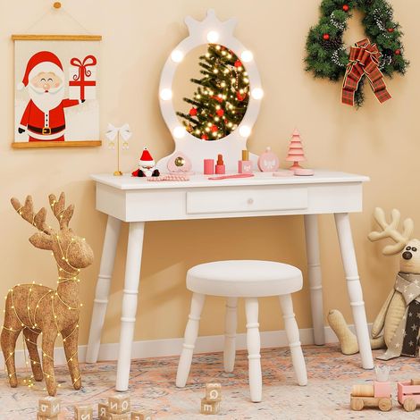 Goplus – Coiffeuse enfant 70x34x99 cm avec miroir amovible et tabouret – Éclairage LED 3 couleurs – Rangement tiroir – Pour 3 à 7 ans