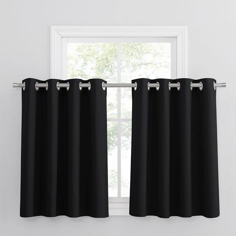 Short Thermal Blackout Curtains with Eyelets L 132 x H 90 cm, Black, 2 Pieces, Bright Block, Anti UV Cold Heat, Decoration for Kitchen, Bedroom, Home, Window (1/5)