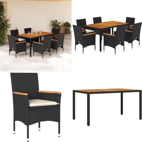Ensemble à manger de jardin et coussins 7pcs noir rotin acacia - Salon De Jardin - Mobilier De Jardin - Set De Salon De Jardin - Table De Jardin - Chaises De Jardin - Home & Living (1/5)