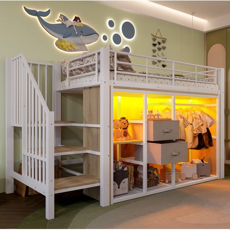Halbhohes Bett mit Schubladen 90x200 Metall Weiß OKMYHOME (1/5)