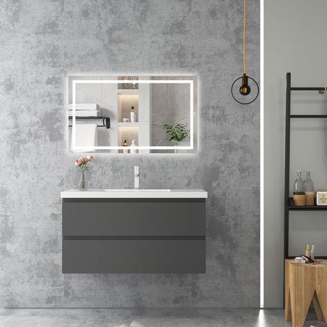 Badezimmer Badmöbel-Set 100cm Unterschrank mit keramik waschtisch 2 Schubladen Anthrazit Matt soft close Selbstmontierter (1/5)