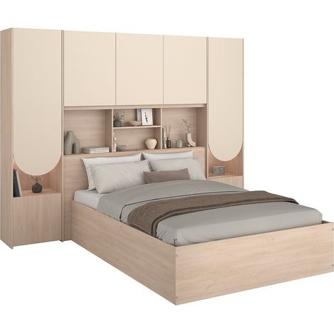 Letto contenitore 140 x 190 cm con ponte letto Con LED Beige e naturale - VELONA
