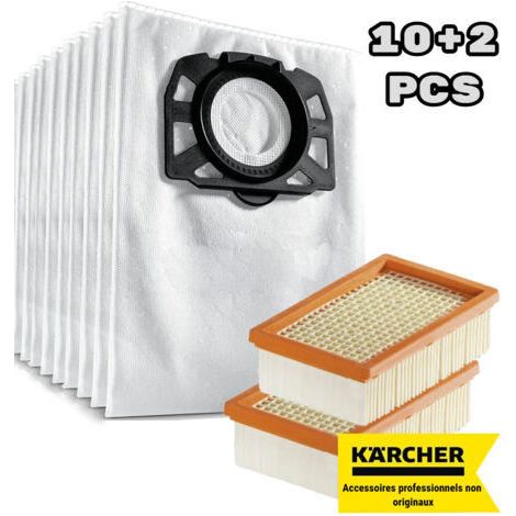 Convient pour Kärcher WD 4, WD 5, WD 6, WD 4290 / 5200 M / 5300 M / 5600 MP Sac filtre à peluches + filtre plat plissé (pack de 10+2) (1/4)