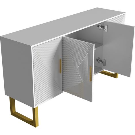 Aparador con 4 Puertas y Estantes Regulables, Frentes Texturizados Brillantes, Estilo Moderno, en MDF, Blanco, 150×40×82 cm (1/5)