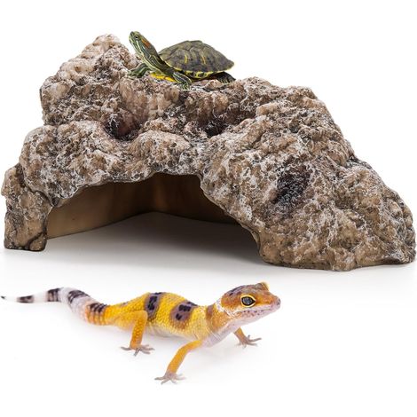 Reptile Hide Cave, Large Resin Bearded Dragon Hideout Caves Rock Snake Turtle Hides, Terrarium Habitat Decor Landscape Ornament for Gecko Lizard Hermit Crab, Amphibian Tank Accessories