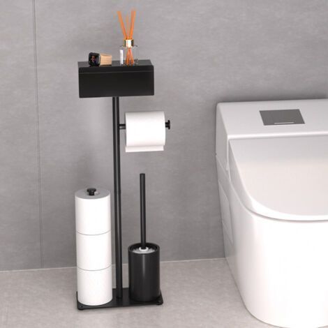 Porte Papier Toilette sur Pied, Support Papier Toilette sur Pied avec Brosse WC et Tiroir, Porte Rouleau Papier Toilette Noir en Acier au Carbone, Serviteur WC Rangement pour 3 Rouleaux de Re (1/5)
