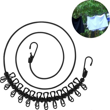 Corde à linge portable - Extensible de 185 à 360 cm - Pour voyage camping intérieur extérieur - 12 pinces et crochets en acier - 1 pièce (1/5)