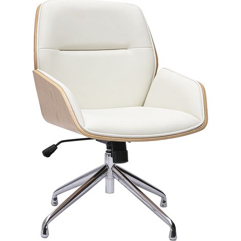 Silla de oficina diseño giratoria 360° blanca, madera clara y metal cromado MARLOW
