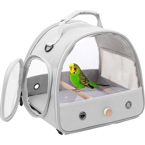 Vogeltransportbox aus transparentem TPU mit Griff und Gurt sowie einer Sitzstange aus Holz für den Transport von Wellensittichen oder Papageien (1/5)