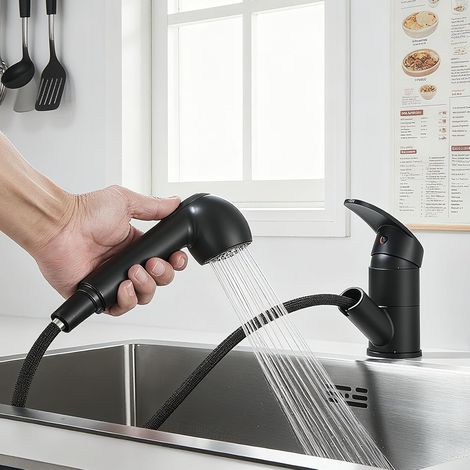 Pull Out Kitchen Tap Black 360° Swivel Spout Kitchen Mixer Tap 2 Water Outlet Modes Single-Handle Mixer Faucet for Sink zamery (1/5)