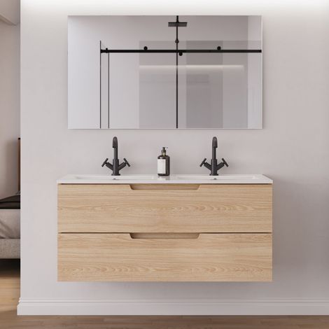 Meuble de salle de bain 120 cm double vasque - 2 tiroirs - roble era (chêne clair) - SONRIZA (1/5)