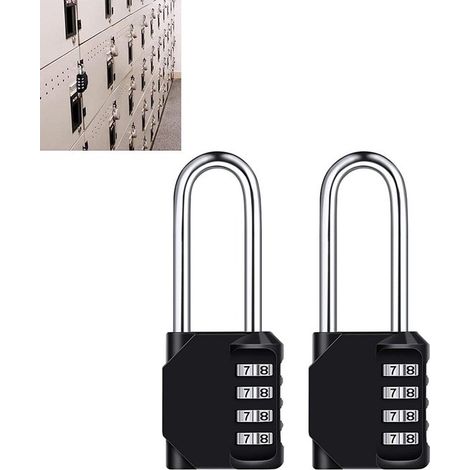 Set di 2 lucchetti antifurto in metallo impermeabile neri, con combinazione a 4 cifre, dimensioni 4,3x3,2x11,6 cm, per armadietti scolastici e da palestra. (1/5)