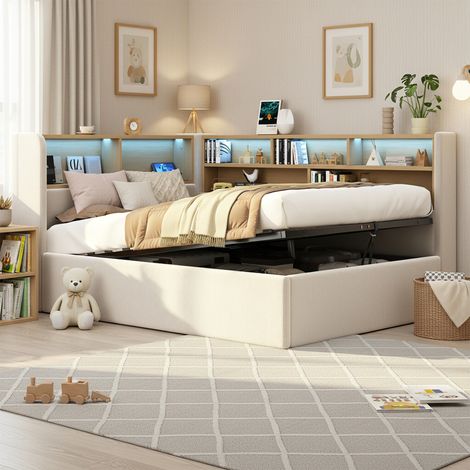 REDOM Cama con almacenamiento 90x200 con almacenaje hidráulico, con somier de láminas, de terciopelo, beige (Sin colchón) (1/5)