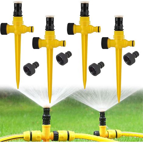 4 aspersores de jardín, aspersor giratorio automático de 360° que se puede conectar en serie, aspersor de césped para uso en tierra, agricultura y flores (amarillo). (1/5)