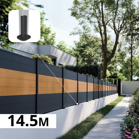 Kit Clôture Aluminium BAHIA & CRUZ Cèdre 14,63x1,2m - Bois Composite & Aluminium - Poteaux Gris - Brise Vue - Palissade