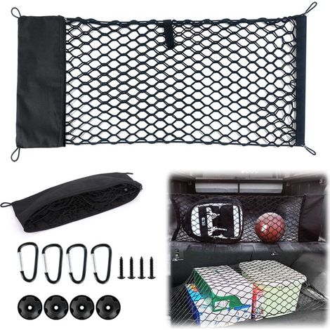 Filet Coffre Voiture, Filet Rangement Voiture, Filets de Rangement Camping Car Double Couche, Élastique Organisateurs Sac 90×40cm avec 4 Crochets pour Van, Camions, SUV, Auto