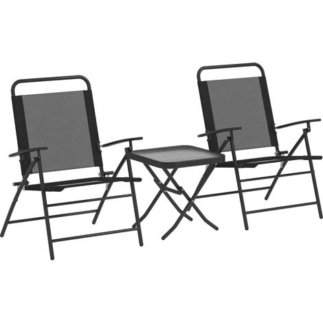 Set di 3 pezzi: tavolo con piano in vetro e sedie pieghevoli con schienale regolabile per esterni, colore nero.