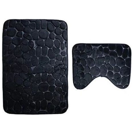 Lot de 2 Tapis de Bain Anti Dérapant et Le Tapis de Piédestal pour Salle de Bains Lavable a la Machine (50 80+40 50cm) - Noir