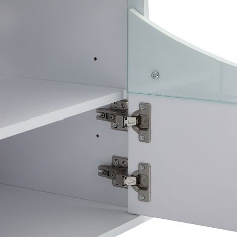 Meuble TV incurvé : Arbore une finition blanche haute brillance, des portes en verre trempé et un éclairage LED intégré  c'est le choix idéal pour les salles multimédias, les chambres à coucher ou les