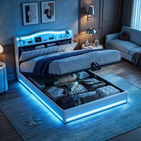 JOOKGBD-Polsterbett 140x200cm,Doppelbett mit hydraulischem Bettkasten,LED-Kopfteil mit USB-Ladestation und Staufach,Lattenrost inklusive,für Jugendliche und Erwachsene,Samt,beige