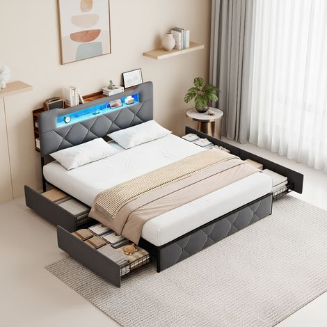Polsterbett Doppelbett 140x190 cm, mit LED-Beleuchtung und USB-Ladestation, Modernes Jugendbett mit Stauraum, Bettgestell mit Kopfteil und Lattenrost, Velour Grau, Ohne Matratze (1/5)