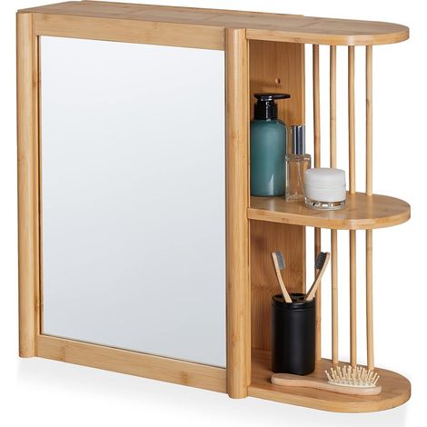 Bamboo Bathroom Shelf with Mirror, Semi-Open Design, Hanging, HWD 53x62x20 cm, Natural (1/4)