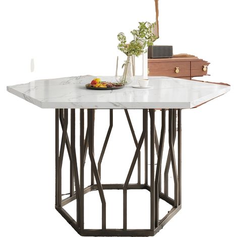 Table à manger, design hexagonal, cadre en métal élégant, Noir Blanc (1/2)