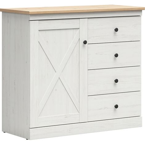 Kommode Victoria mit 4 Schubladen und 1 Tür, Weiß und Holzoptik, 103cm (1/5)