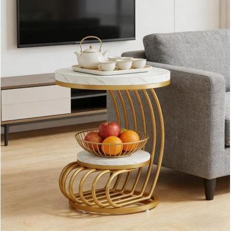 Mesa auxiliar redonda con 2 estantes metal mármol OKMYHOME (1/5)