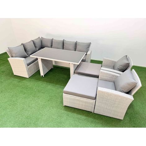 Fimous 10 Seater Wicker Rattan Corner Sofa Sets Outdoor Garden Furniture Sets with Rectangular Dining Table Lounge Sofa 2 Big Footstools Light Grey (1/5)