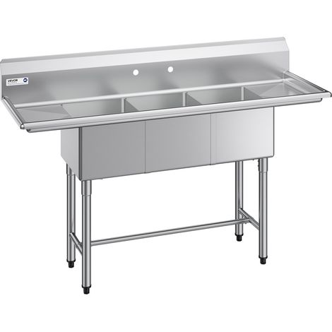 VEVOR Fregadero Independiente de 3 Compartimentos, Acero Inoxidable 304, Lavabo móvil de 1678 x 558 x 1097 mm con Protector Antisalpicaduras, 2 Escurridores para Exteriores Cocina Hogares Restaurante (1/5)