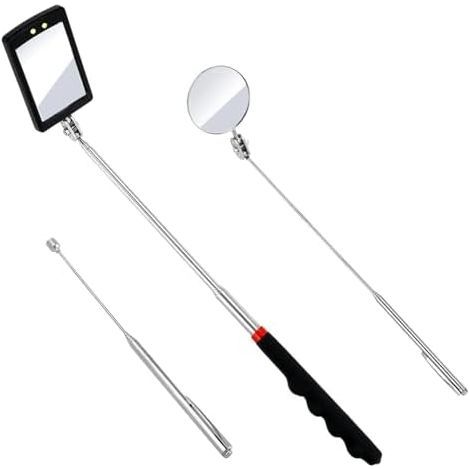 Lot de 3 miroirs d'inspection télescopiques, outil ramassage magnétique, portable, rond, rotatif à 360 degrés, LED avec tige et miroir rond/carré - (1/5)