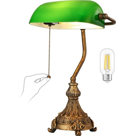 Lampe de bureau vintage en verre vert pour bureau à domicile ou bibliothèque, avec interrupteur à chaîne et prise, ampoule LED incluse