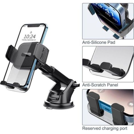 Support Téléphone Voiture - Ventouse Nano Gel - Rotule 360° - Bras Réglable 12,6 à 16,9 Cm - Compatible Smartphones 4 à 7 Pouces (1/4)