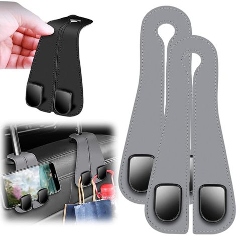 2PCS Car Headrest Hooks, Double Headrest Hooks, Car Seat Back Storage Hook, Gray
