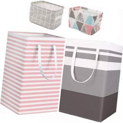 4 pièces Sac de Rangement en Tissu 2 Longues Poignées Facile à Saisir Enduit Imperméable Pliable Panier à Linge pour Chambre Salle de Bains (1/5)