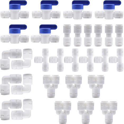 30 Pcs Reverse Osmosis Tube Water Filter Fittings, 1/4" Set of Fittings for Refrigerator Tubes, RO Water Filter Fitting (Tube Type Y+T+I+L+Stop Valve) (1/5)