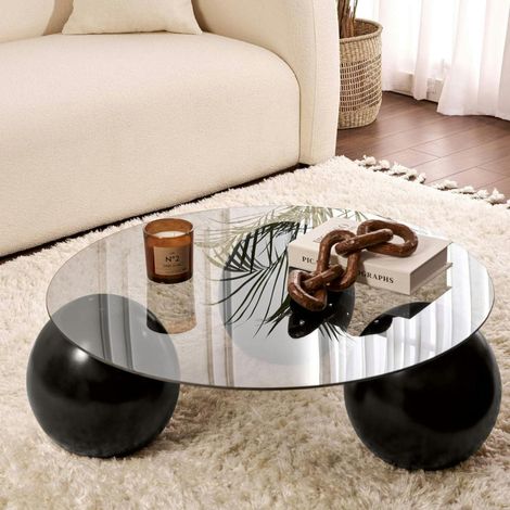 Table basse ronde verre fumé - 3 pieds boules noirs KOCHI (1/5)
